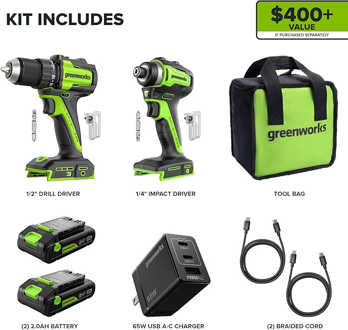 Greenworks 24V Cordless Brushless 400 in-lbs Drill/Driver+1950 in-lbs Impact Driver Combo,High Torque, Lightweight, (2) 2.0Ah USB-C Batteries(12,000mAh Power Bank) and 65W USB-C Fast Charger(3-Port)