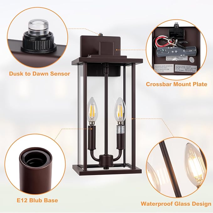 2-Pack 16" Large Dusk to Dawn Outdoor Wall Light Fixtures, 2-Light Exterior Front Porch Light, Brushed Bronze Outdoor Sconce Lights, Waterproof Farmhouse Lamp Lighting