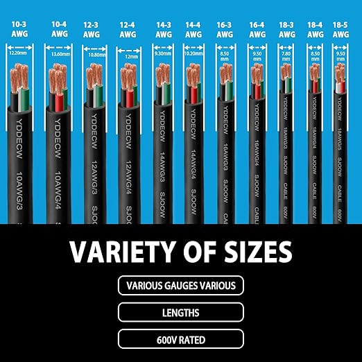 25ft 12/4 12 AWG Portable Power Cable (4 Conductor) - SOOW 600V 12 Gauge Electric Wire for Motor Leads, Portable Lights, Battery Chargers and Machinery - 4 Conductor - 25 Feet Electrical Cord