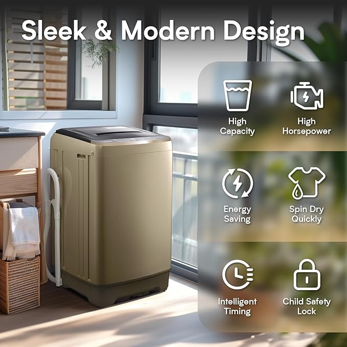 Portable Washing Machines 17.8LBS Full Automatic Clothes Washer and Spinner Combo with 10 Programs and 8 Water Levels, Compact Laundry Wash Spin Dryer for Apartment RV Dorm Home, Gold