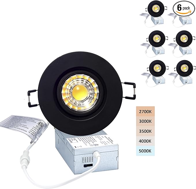 Canless Recessed Gimbal Downlight Rotatable-Spotlight 5 CCT 3 Inch Eyeball Ceilling Potlight, Dimmable Recessed Lights Fixture with Junction Box, 8W CCT Adjustable, Black Round Trim, 6 Pack