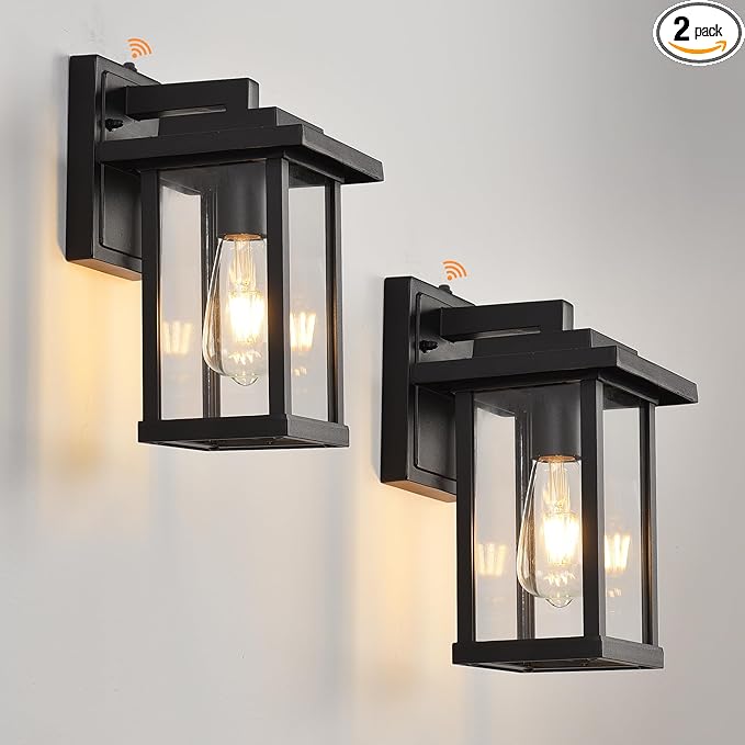 Outdoor Wall Light Fixtures, Modern Exterior Wall Mount Lanterns, Outside Wall Sconces in Black Finish with Clear Glass for Porch Patio Farmhouse, 2-Pack