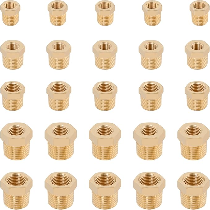 KOOTANS 25PCS Brass Hex Bushing Kit Brass Fittings Assortment 1/4" to 1/8", 3/8" to 1/8", 3/8" to 1/4", 1/2" to 1/4", 1/2" to 3/8" NPT Reducer Pipe Fittings Adapter Fitting