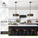 Industrial Drum Chandeliers, Modern Black Metal Pendant Lighting Walnut Wood Grain 4-Ligth Semi Flush Mount Chandelier 12" for Foyer Entryway Kitchen Hallway Dining Room