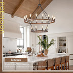 2 Tier Wooden Wagon Wheel Chandelier 43.3'' Farmhouse 24 Lights(16+8) Black Rustic Light Fixture 2-Story Round Wood Chandelier for High Ceiling Living Dining Room Foyer Villa