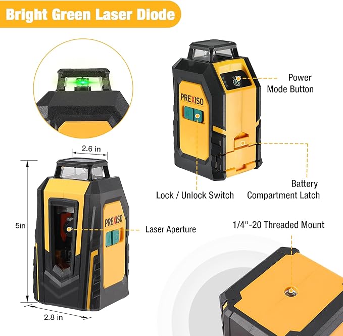 PREXISO 360° Laser Level with Tripod, 100Ft Self Leveling Cross Line Laser- Green Horizontal Line for Construction, Floor Tile, Renovation with Target Plate, Green Glasses, Carry Bag, 4 AA Batteries