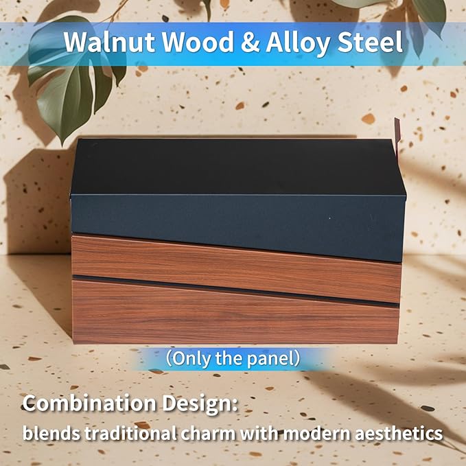 Wall Mount Mailboxes, Morden Mailbox for House, Metal Outside Mailbox with Walnut Wood Panel, Large Capacity Galvanized Steel Post Box with Flag (No Keys Locking)