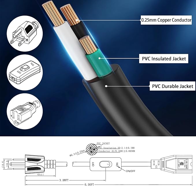 Black Extension Cord with Switch On/Off,13.1 FT Indoor Power Cord, 3 Prong Grounded Plug, Insulated & Flame Retardant 125V 375W, UL Listed