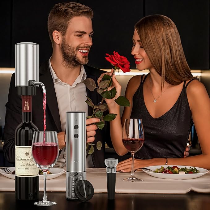 Secura Rechargeable Electric Wine Opener Set, 4-in-1 Wine Set with Electric Corkscrew Wine Opener, Electric Wine Aerator & Dispenser, Foil Cutter, Vacuum Wine Stopper for Wine Lovers, Silver