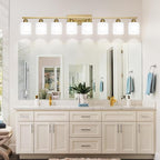 8 Light Bathroom Light Fixtures Gold for Big Mirror, Brushed Gold Vanity Lights for Bathroom with Milky White Frosted Glass Shades, 51 inch Wall Sconce for Mirrors Living Room Bedroom