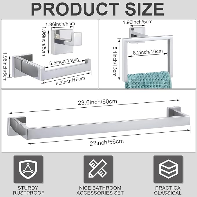 Gisafai 10 Pcs Bathroom Hardware Accessories Set 23.6 Inch Bath Towel Bar Kit Stainless Steel Bathroom Hardware Set Towel Racks Ring Hooks Paper Holder for Wall Mounted (Silver)