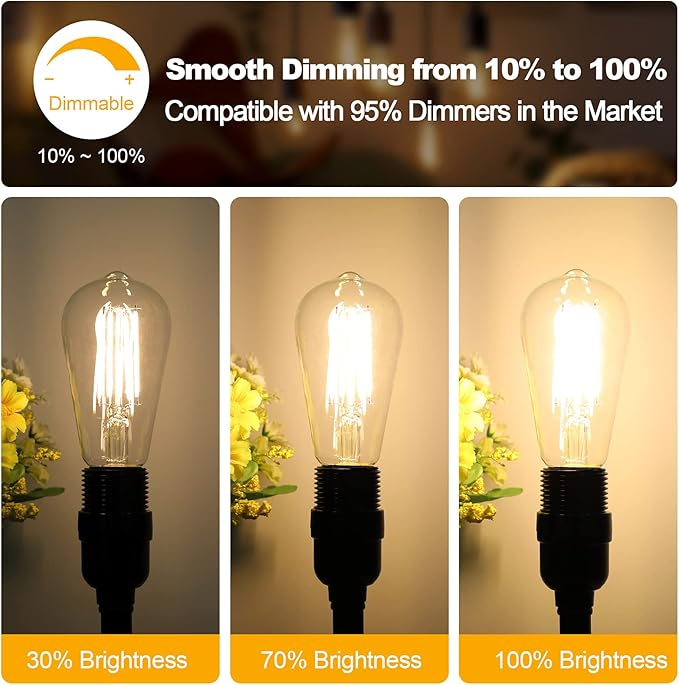 Vintage LED Edison Bulbs 60 Watt Equivalent Dimmable 7W ST58 LED Filament Light Bulbs Warm White 3000K Antique Style Lighting High Brightness 800LM E26 Medium Base Clear Glass for Home Office, 12 Pack