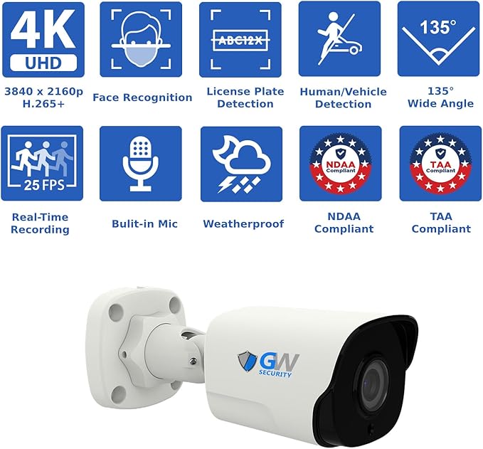 GW Security 16 Channel NVR UltraHD 4K Face Recognition NDAA & TAA Compliant Security Camera System with 16 x 8MP @25FPS Outdoor & Indoor PoE Bullet Cameras, 10 Smart AI Functions