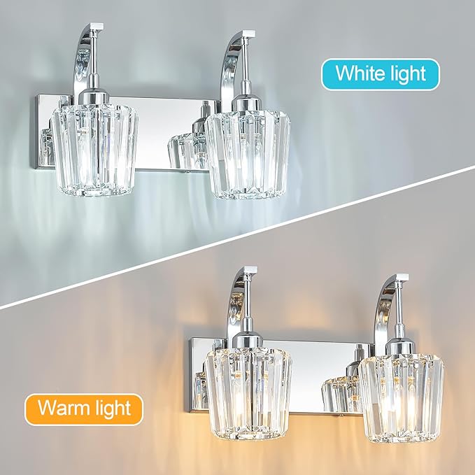 Modern Bathroom Vanity Light, 2-Light Chrome Wall Sconce with Crystal Accents, Over Mirror Bathroom Lighting Fixture, 13.77" Long Dimmable Vanity Lamp for Makeup, Easy Installation