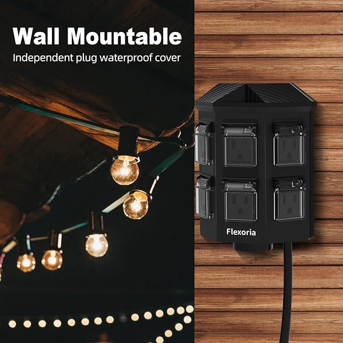 Outdoor Power Strip Timer Waterproof, Dusk to Dawn Light Sensor Countdown, 50 Feet Extension Cord, 6 Grounded Outlets for Halloween and Christmas Decorations, ETL Listed