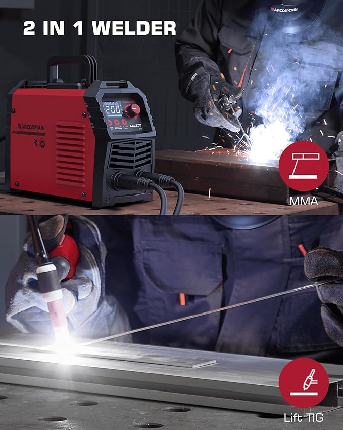 ARCCAPTAIN Stick Welder, [Large LED Display] 200A ARC/Lift TIG Welding Machine with Synergic Control, IGBT Inverter 110V/220V Portable MMA Welder Machine with Hot Start, Arc force and Anti-Stick