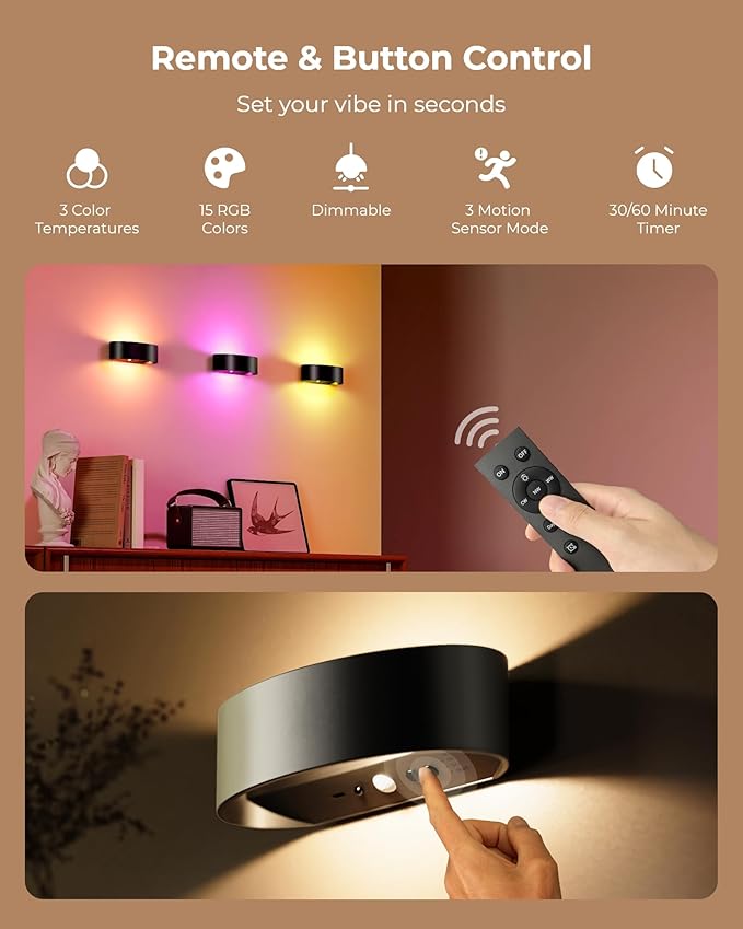 Motion Sensor Night Light, Rechargeable 5000mAh Battery Wall Sconce with Remote, 18 Colors, Dimmable, Timer, for Bedroom, Hallway, Stairs, Bathroom, Living Room (2-Pack, Black)