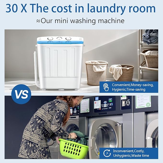 Portable Mini Twin Tub 18Lbs Washing Machine with Drying Rack & 10 Hangers, Washer(11Lbs) and Spinner(7Lbs) Combo with Timer Knob, Compact Semi-automatic Laundry Washer for Home Dorm Apartment, Blue