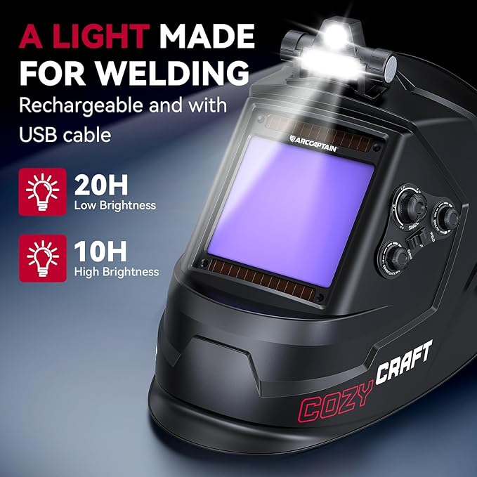 ARCCAPTAIN Large View 3.94" x 3.66" True Color Auto Darkening Welding Helmet with Light, Solar Powered Welding Hood, 4 Arc Sensor Wide Shade 4/5-9/9-13 for Stick MIG TIG Cut