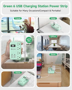 6 USB Green Travel Power Strip- 5Ft Green Extension Cord with 4.8A 2 USB C Charging Station and 4 Outlets, Cute Desk Accessories with Switch for Kawaii Pink Home Office College Dorm Room 24W