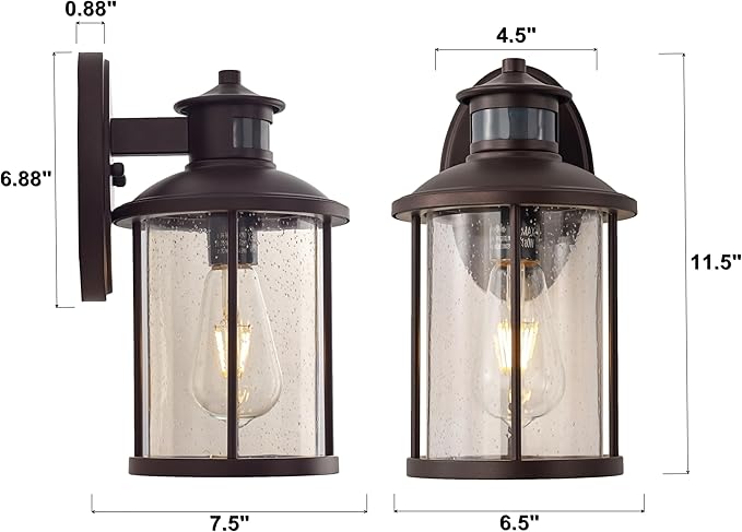MICSIU 11.5 Inch Motion Sensor Exterior Wall Sconce 2 Pack, Dusk to Dawn Outdoor Lighting with Clear Seedy Glass, Oil Rubbed Bronze Outside Lights for Porch, Garage, Doorway, Pathway.