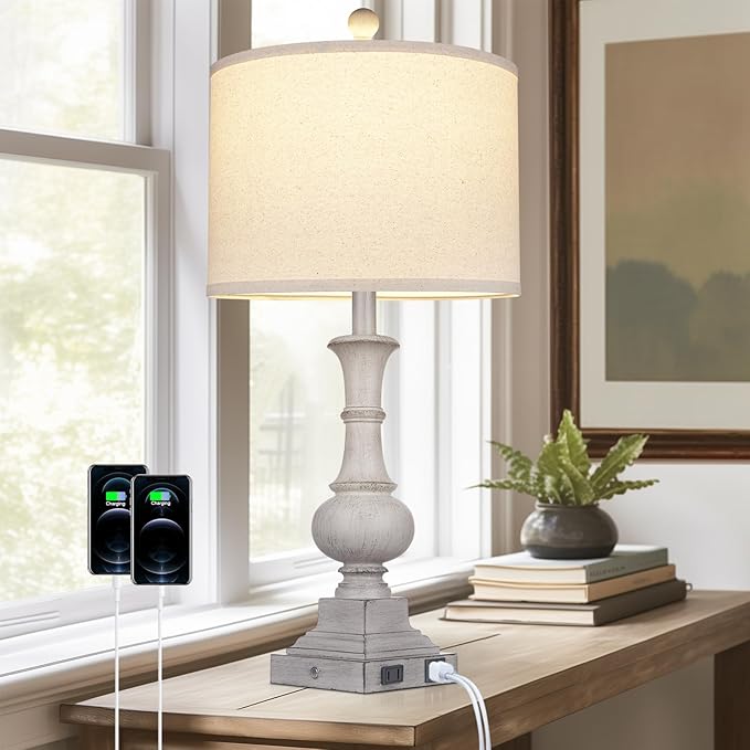 26" Farmhouse Lamp with 2 USB Ports & AC Outlet, Vintage Rustic Touch Control Bedside Lamp, Resin 3-Way Dimmable Nightstand Lamp Fabric Shade for Living Room Bedroom Decor Gray(LED Bulb Included)