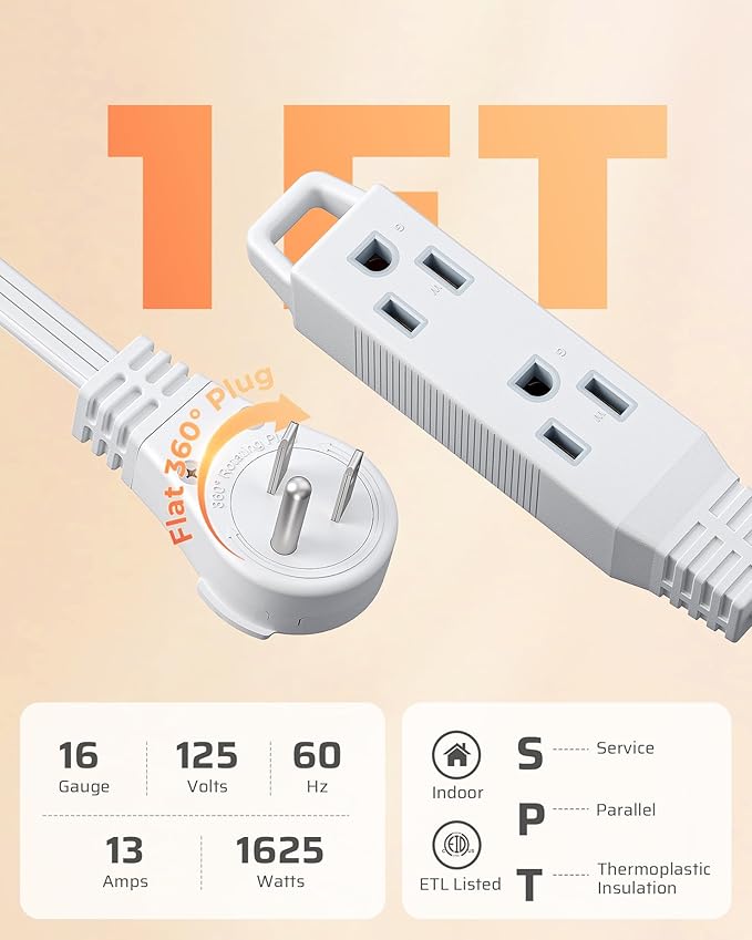 DEWENWILS 1FT 360° Rotating Flat Plug Extension Cord/Wire, 16AWG Multi 3 Outlet Extension Cord, 3 Prong Grounded Wire for Small Appliances, 2 Pack, White