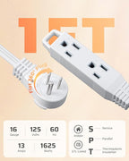 DEWENWILS 1FT 360° Rotating Flat Plug Extension Cord/Wire, 16AWG Multi 3 Outlet Extension Cord, 3 Prong Grounded Wire for Small Appliances, 2 Pack, White