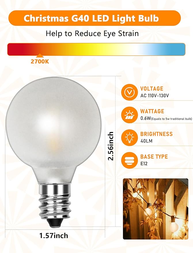 G40 LED Frosted Light Bulbs Replacement, 0.6W Shatterproof Globe Led String Light Bulbs, Replacement Bulbs for Indoor Outdoor String Lights, 25Pack, Warm White