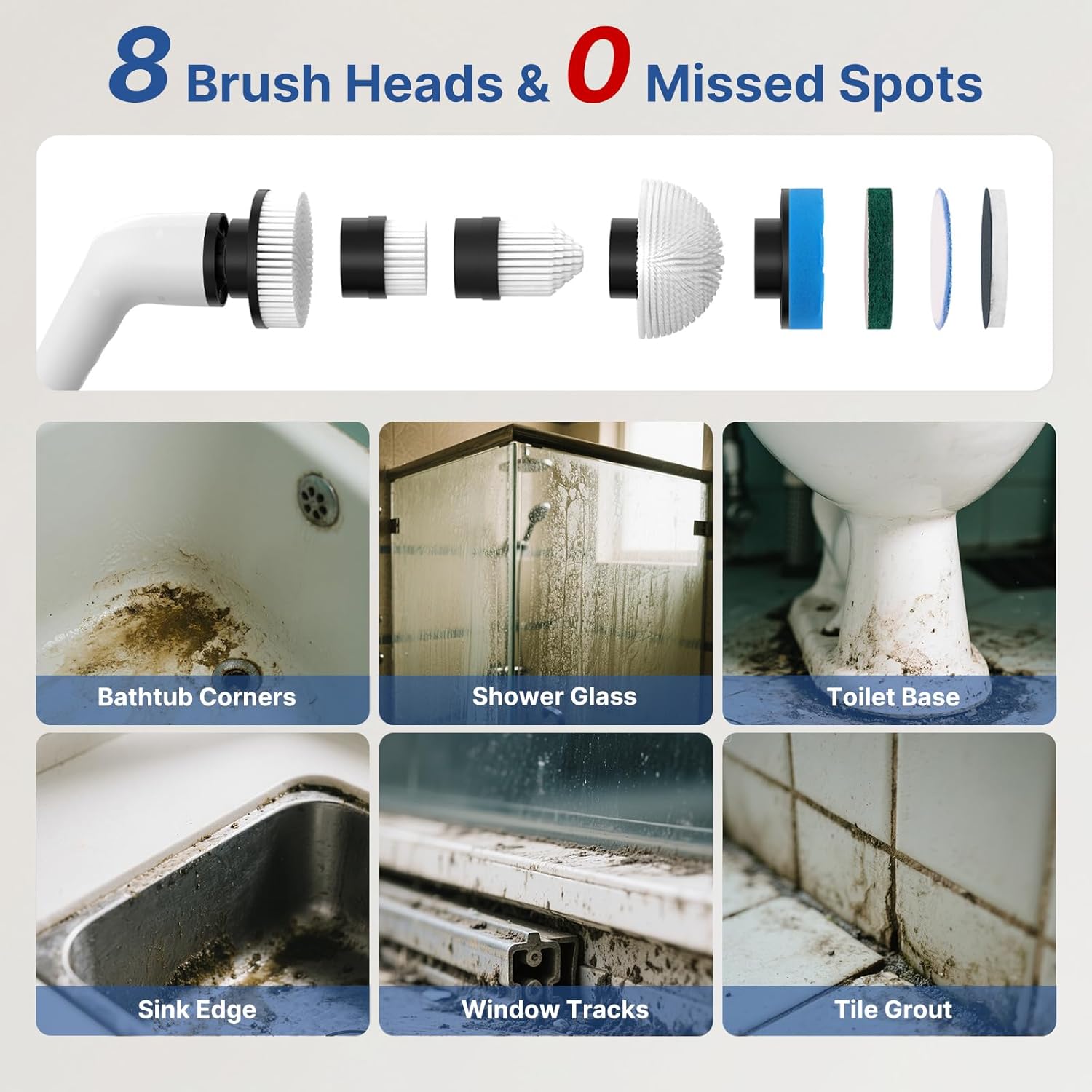 8 in 1 Electric Spin Scrubber for Cleaning Bathroom, 3000mAh Power Scrubber Cordless Cleaner with Long Handle, 3 Speeds Bathtub House Clean Brush Deep Cleaning for Tile, Shower, Wall, Floor