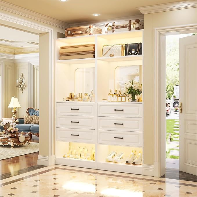 Unikito 50” Freestanding Closet System with 6 Drawers, 4FT Closet Organizer Wardrobe with Storage Shelves and Mirror, Sturdy Wood Walk-in Closet Systems for Bedroom, Max Load 1000 LBS, White