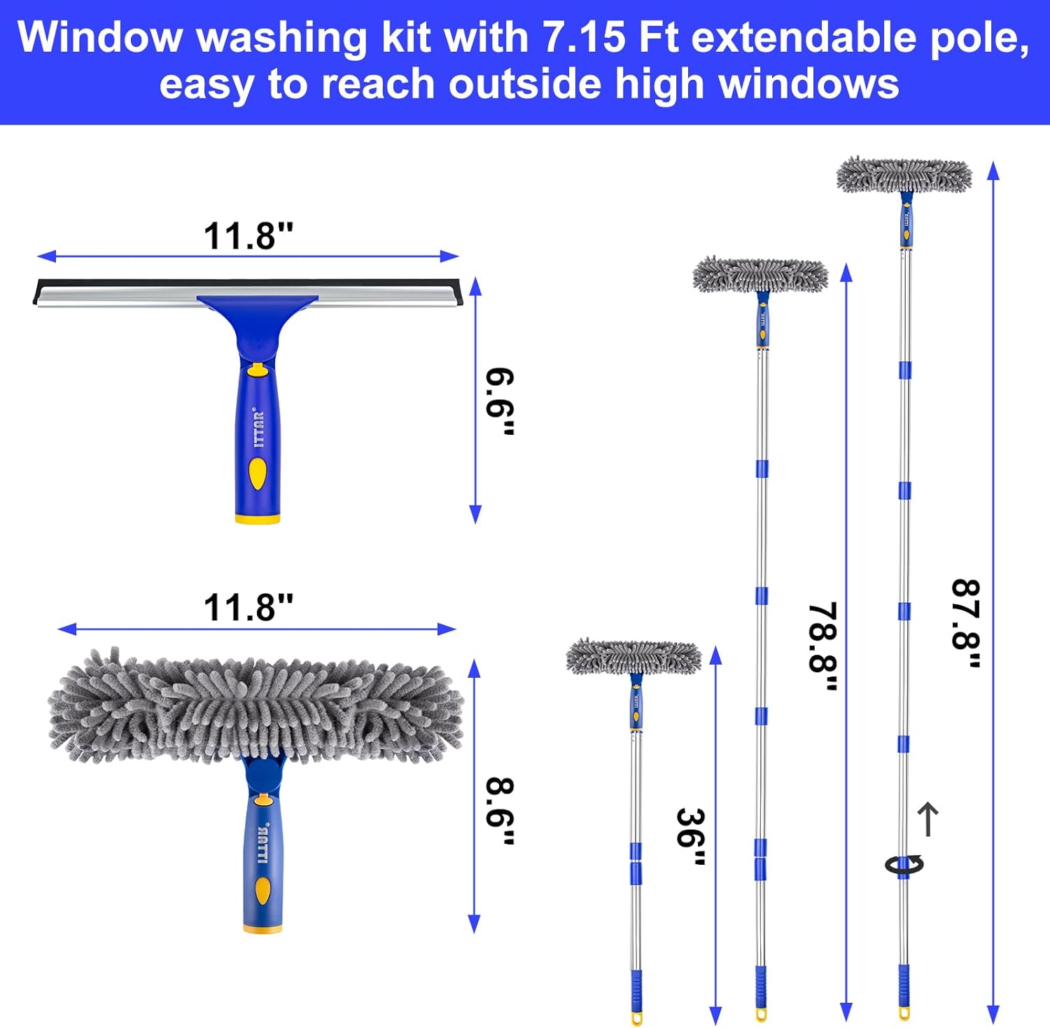 ITTAR Professional Window Cleaning Squeegee Kit, 7.15 Ft High Reach Cleaner Tool, Rotatable Window Washing Equipment with Extension Pole for Indoor/Outdoor Window, Glass, Car, 1 Blade 2 Scrubber
