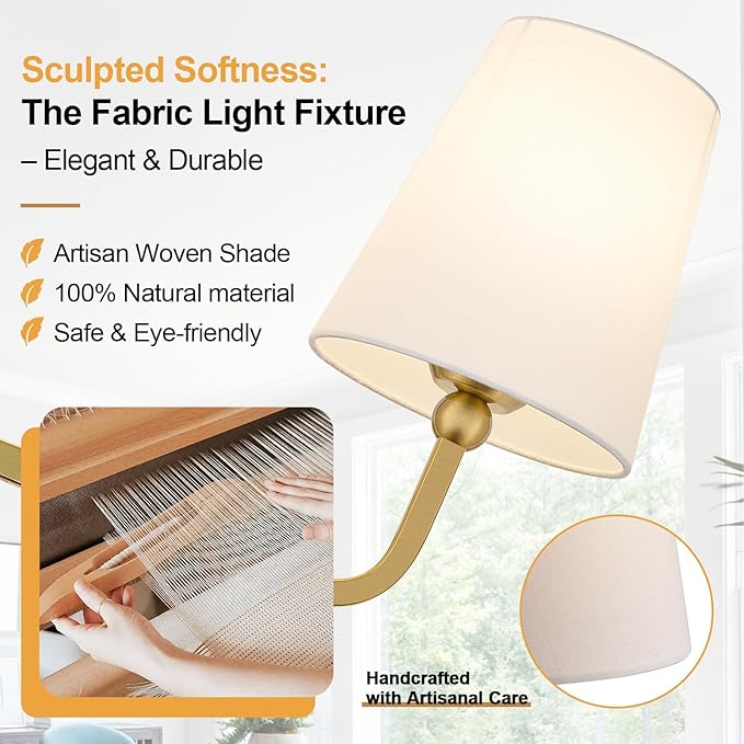 Bathroom Light Fixtures, 3-Light Brushed Gold Vanity Lights, Bathroom Lighting Fixtures Over Mirror with Flared White Fabric Shade, Modern Wall Sconces for Living Room Hallway