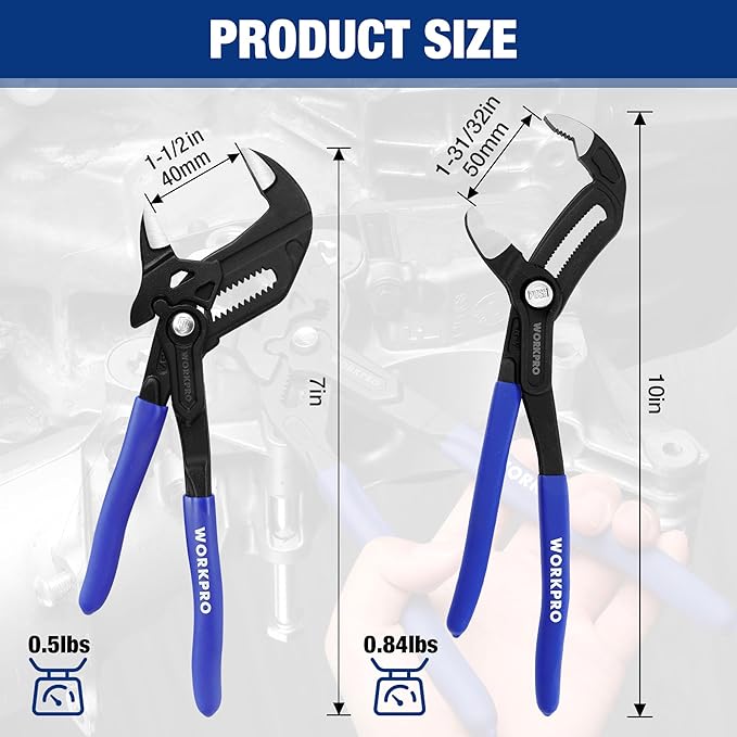 WORKPRO 2-Piece 7-Inch Pliers Wrench & 10-Inch Groove Joint Pliers Set, Quick Adjustment, CR-V Steel, Smooth Jaw & V-Jaw, Upgraded Wide Opening, Ergonomic Grip - for Plumbing, Pipe Work, DIY Projects