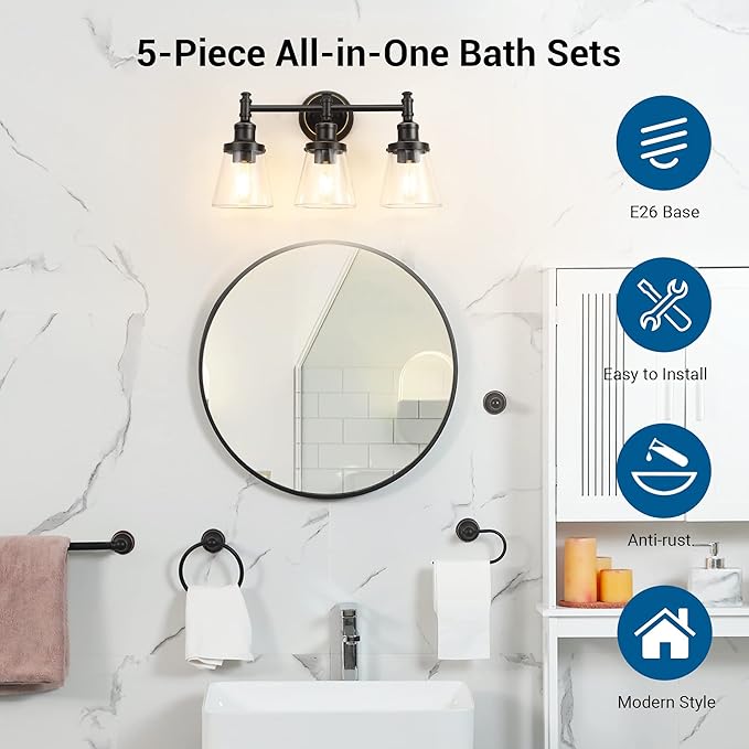 DEWENWILS Bathroom Light Fixtures, 5-Piece All-in-One Bathroom Vanity Lights Over Mirror, 3-Light Bath Wall Mount Sconce with Clear Glass Shade, Towel Bar, Ring, Robe Hook, Toilet Paper Holder