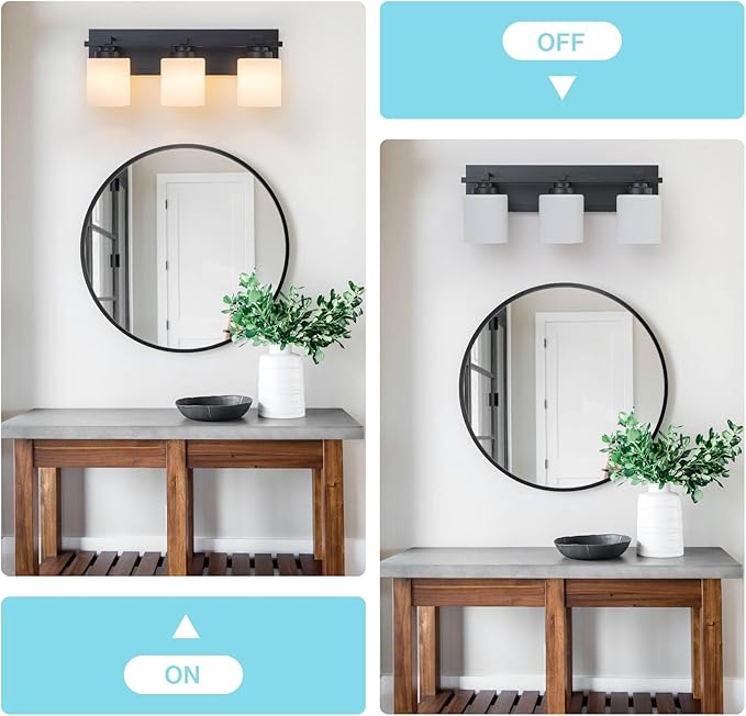 3 Light Modern Bathroom Light Fixtures Over Mirror, Black Vanity Lights for Bathroom Wall Sconces with Milky White Glass Shades, E26 Socket (Bulbs Not Included)