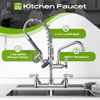 Commercial Sink Faucet with Sprayer 21" Height, 8 Inch Center Wall Mount Kitchen Sink Faucet with Down Pre-Rinse Sprayer and 8" Add-on Swing Spout
