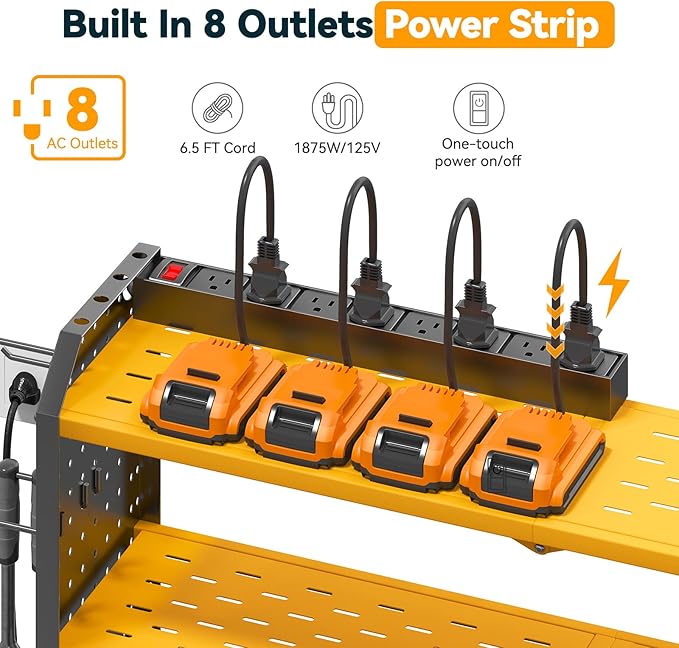 Warome Garage Power Tool Organizer with 8-Outlet Power Strip, Tool Storage Rack Wall Mount with 8 Cordless Drill Holders, Tool Organization Shelf with Charging Station in Yellow