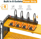 Warome Garage Power Tool Organizer with 8-Outlet Power Strip, Tool Storage Rack Wall Mount with 8 Cordless Drill Holders, Tool Organization Shelf with Charging Station in Yellow