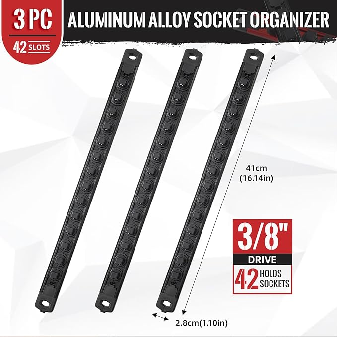 Magnetic Socket Organizer, 3-Piece Heavty Duty Aluminum Socket Holder, Socket Rail for Tool Box, Premium Quality 360° Swivel Socket Rack with 42 Clips for 3/8-Inch(Black)