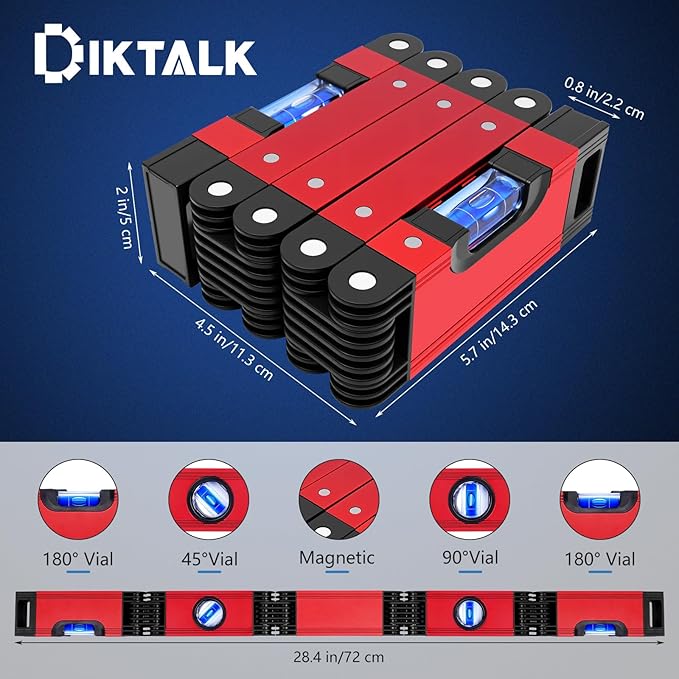 28 Inch Folding Level, Multi-Angle Precision Leveler with Magnetic Base, Foldable Aluminum Alloy Tool for Woodworking & Construction