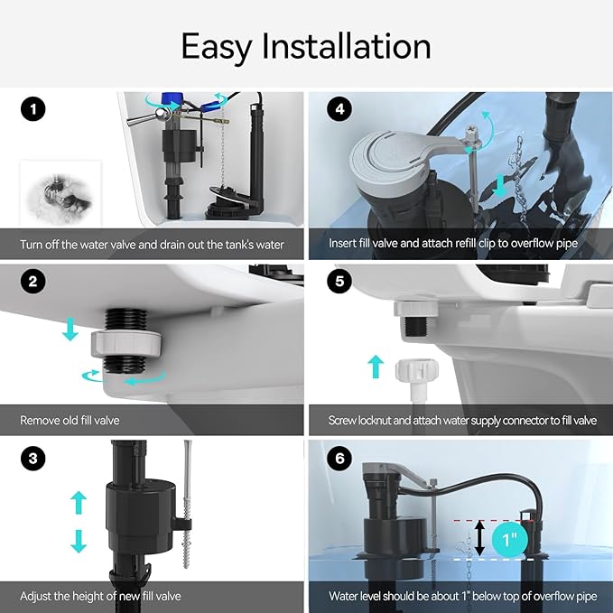 R&T Toilet Fill Valve A1320, Toilet Repair Kit Inside Tank, Universal Toilet Replacement Kit, Quiet and Fast Fill Water, Height Adjustable, Easy to Install