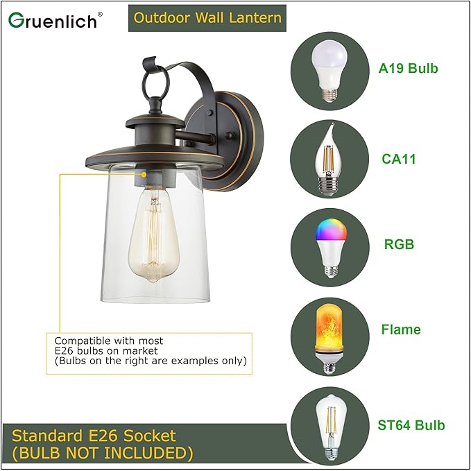 GRUENLICH Outdoor Wall Lantern, Wall Sconce as Porch Lighting Fixture, E26 Medium Base, Metal Housing Plus Clear Glass, Oil Rubbed Bronze Finish, Bulb Not Included, 1-Pack