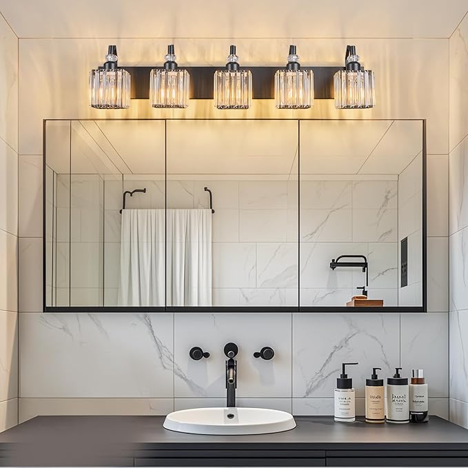 Crystal Vanity Lights - Black 5 Light Modern Bathroom Vanity Light Fixtures Over Mirror