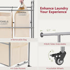 Tajsoon Laundry Hamper with Hanging Rack, Laundry Sorter 4 Sections, 4 Basket Butler with Lockable Wheels and Removable Bag, Rolling Laundry Cart for Bedroom, Beige