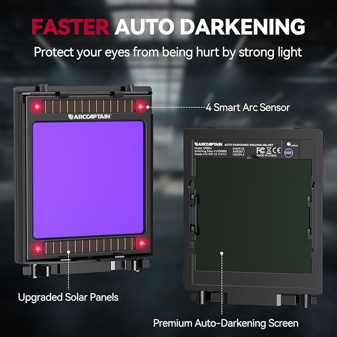 ARCCAPTAIN Large Viewing Screen 3.93"X3.66" Welding Helmet, True Color 1/1/1/1 Solar Power Auto Darkening Welding Hood with 4 Arc Sensor, Wide Shade 4/5-9/9-13 for TIG MIG ARC, Skeleton