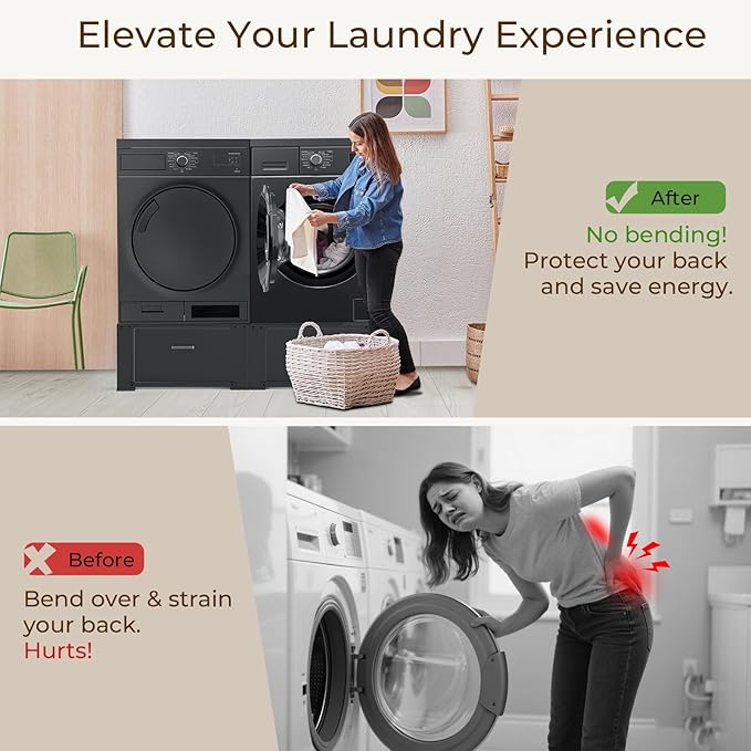 SKM 2 Pack Laundry Pedestals with Drawer - 28" Washer and Dryer Stand, Steel Washing Machine Raiser for Elevation, 14.3 Inches Height, Black