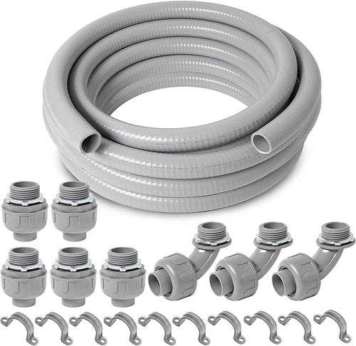 (1 inch Dia * 50 Feet) Yariwiz Flexible Electrical Conduit Liquid Tight PVC Conduit Kit with 5 PCS Coupling, 3 PCS Elbow and 10 PCS Strap, Sealtight Seal Flex Liquidtight Outdoor Non Metallic Grey