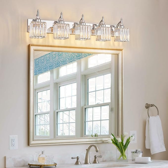 Crystal Vanity Lights Chrome 5 Light Bathroom Light Fixtures Over Mirror Modern Vanity Light for Bathroom