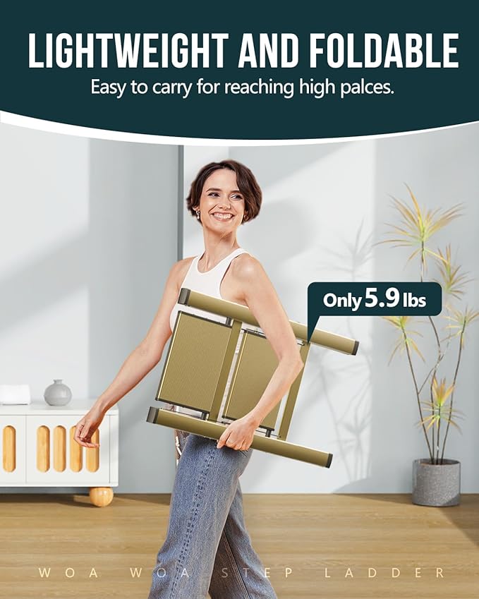 WOA WOA Step Ladder, 2 Step Foldable Step Stool with Widen Pedals, Portable Aluminum Stepladder, Compact Ladder for Space Saving, Home Ladders for Kitchen(300lbs, Gold)